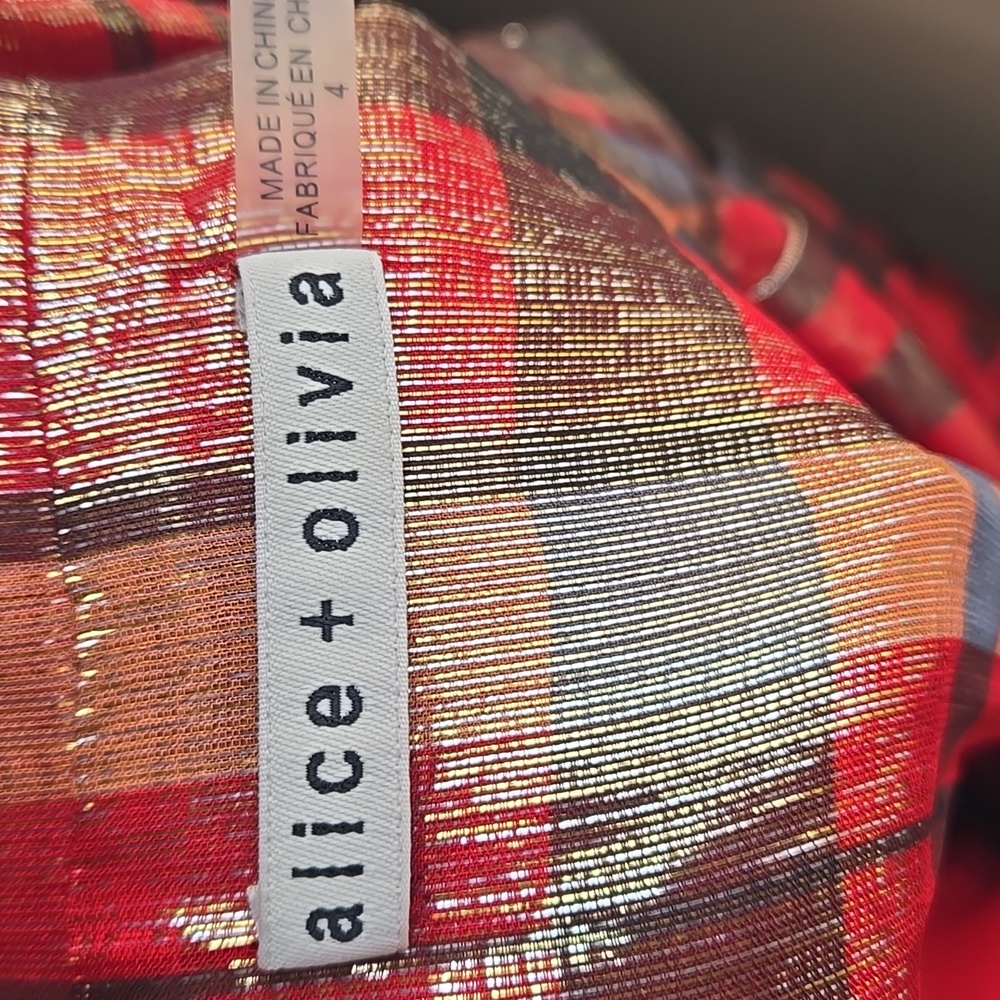 Alice + Olivia Red Metallic Plaid Faux-Wrap Maxi Dress Silk Blend Size 4 Holiday - Picture 8 of 9